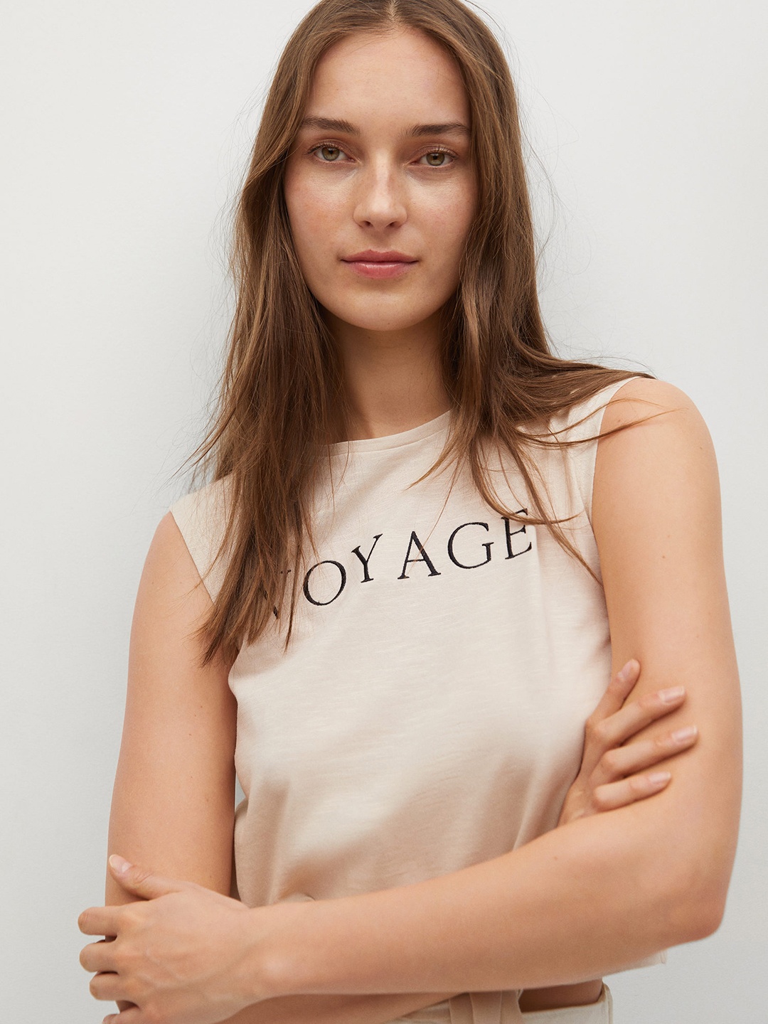 

MANGO Beige & Black Printed Sustainable Crop Top