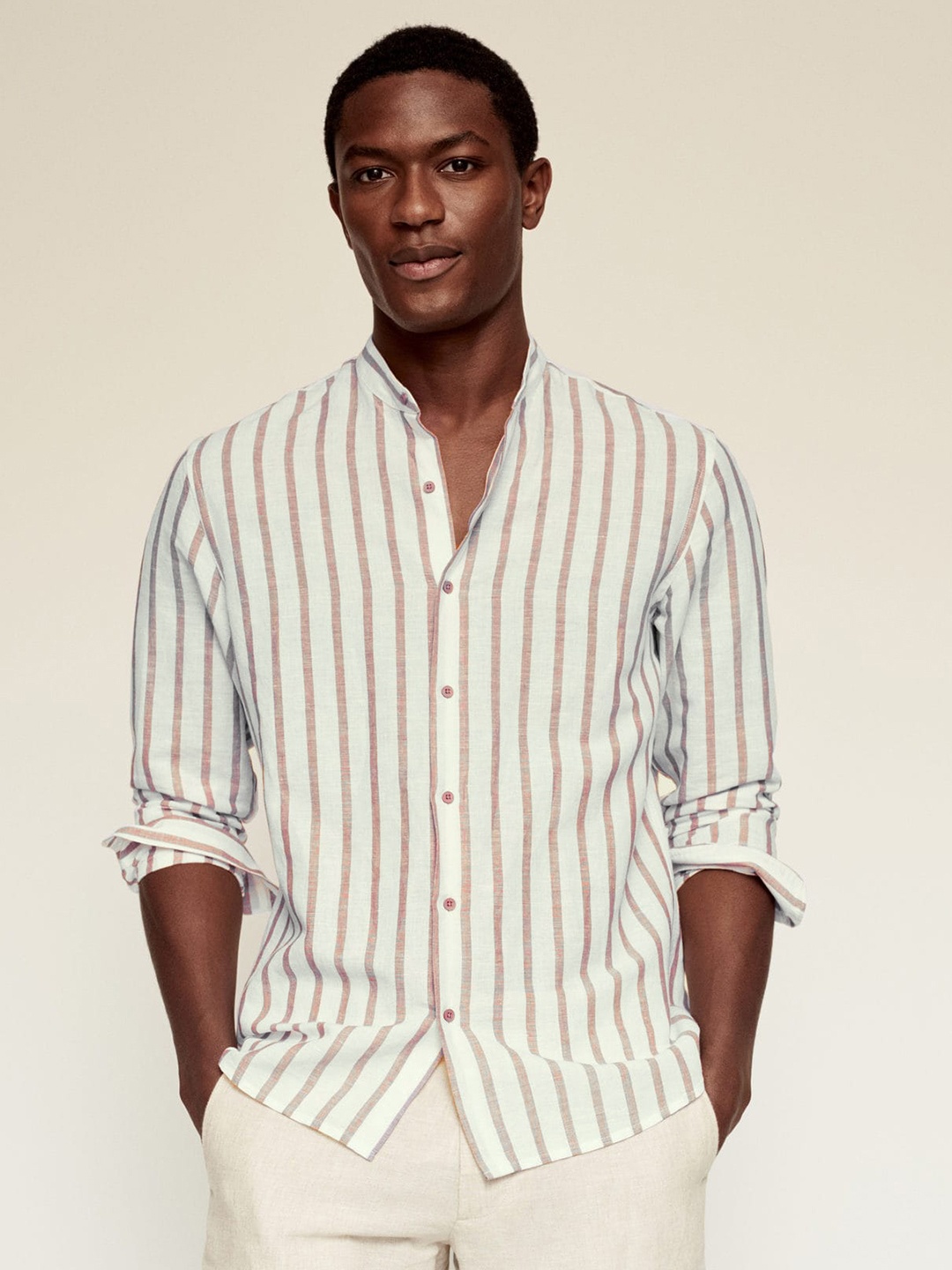 

MANGO MAN Men Off White & Brown Sustainable Striped Casual Shirt