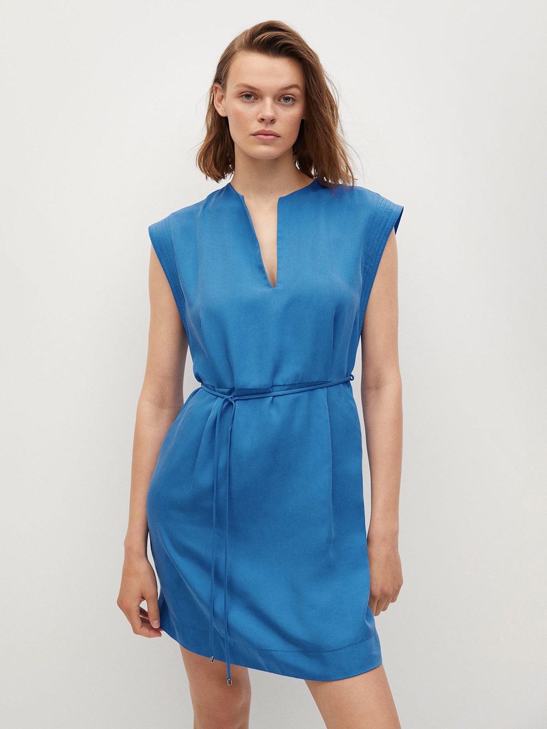 

MANGO Women Blue Solid A-Line Dress with Belt