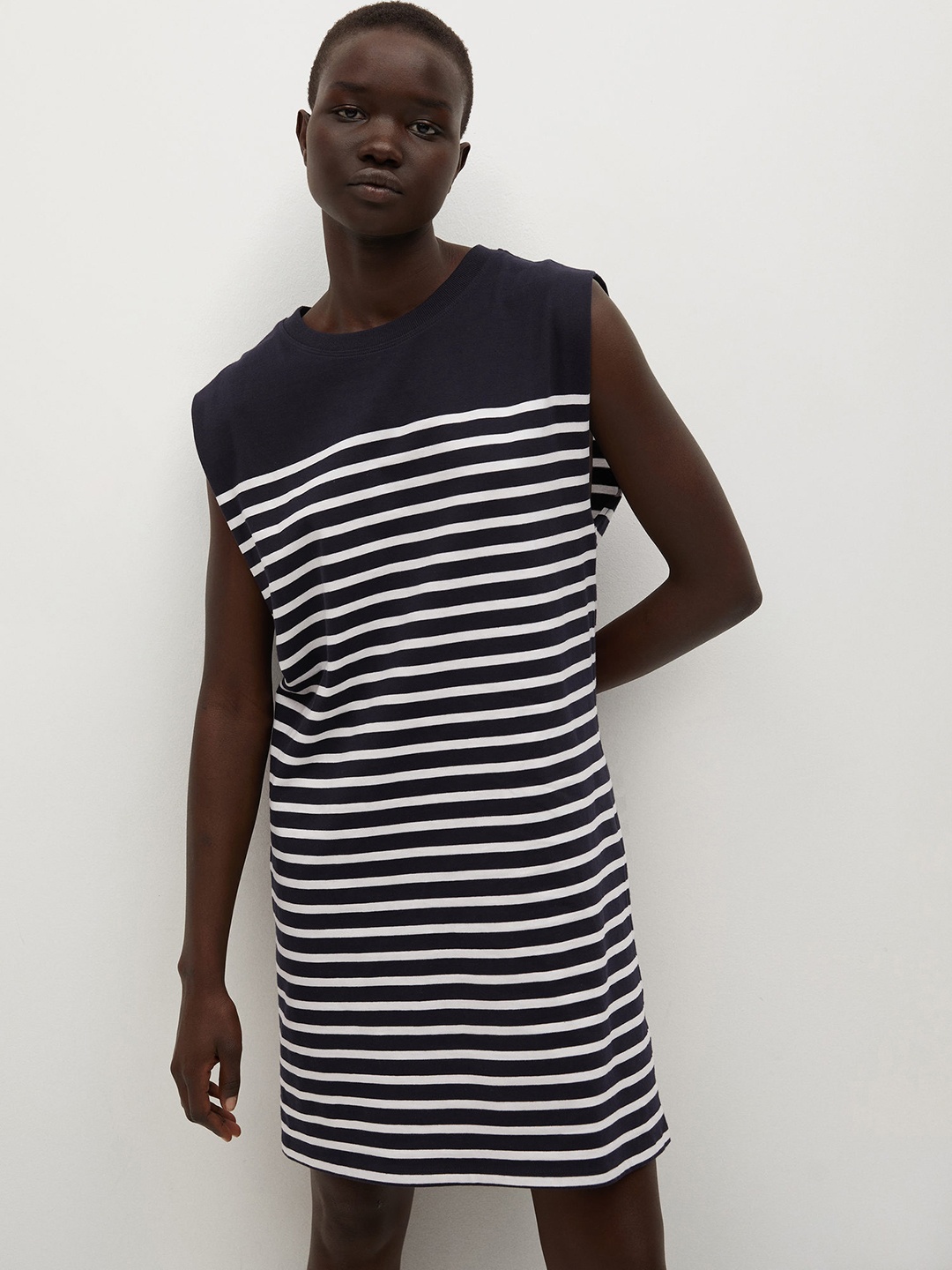 

MANGO Women Navy Blue & White Striped Pure Cotton T-shirt Dress
