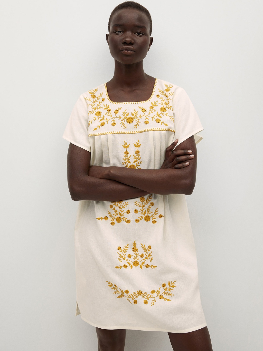 

MANGO White & Mustard Yellow Ethnic Motifs Embroidered A-Line Dress