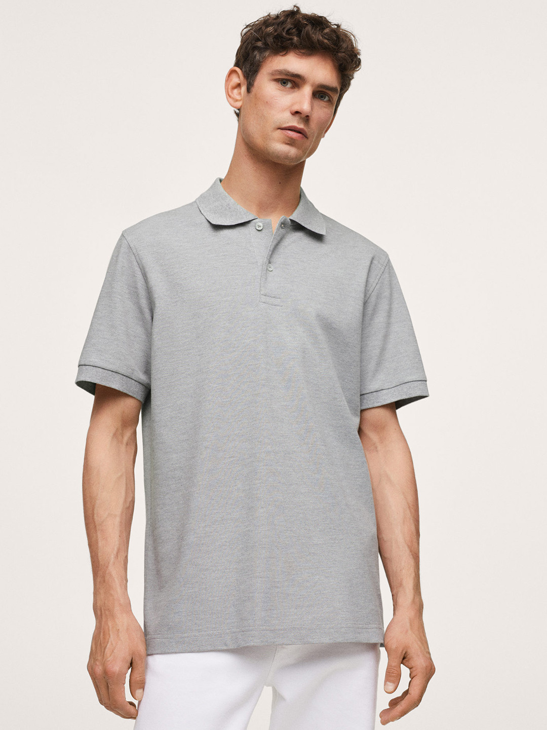 

MANGO MAN Men Grey Melange Solid Polo Collar T-shirt