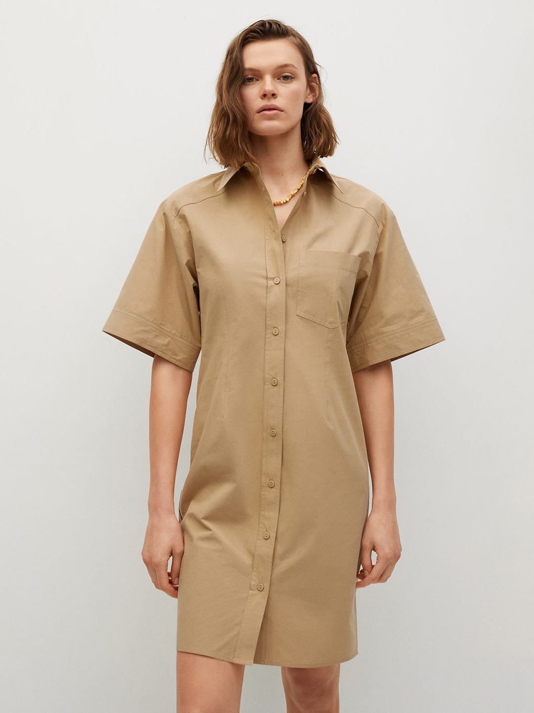 

MANGO Beige Pure Cotton Solid Shirt Dress