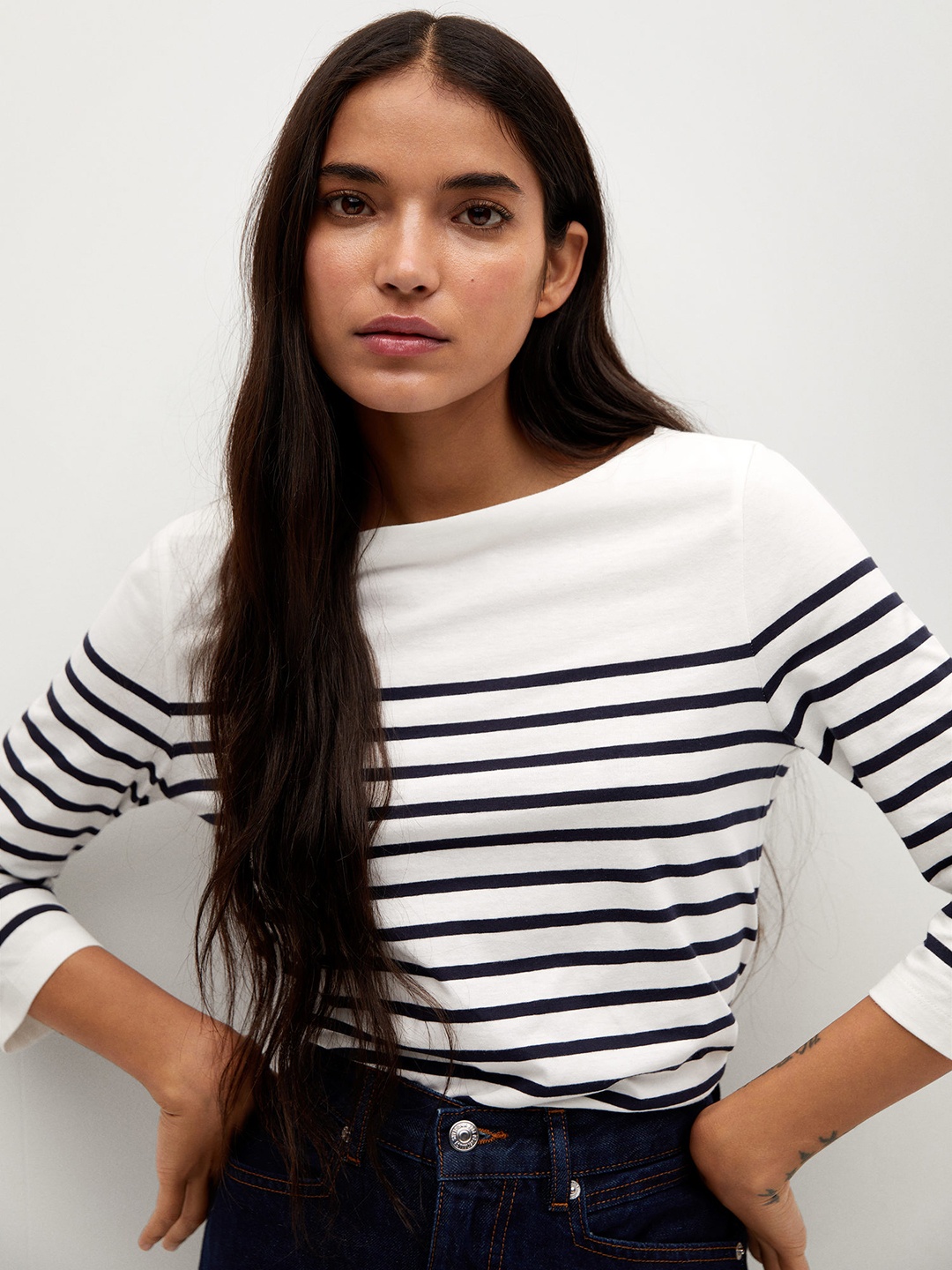 

MANGO Women White & Navy Blue Striped Organic Cotton T-shirt