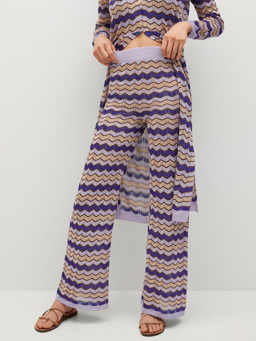 

MANGO Women Blue & Beige Printed Parallel Trousers