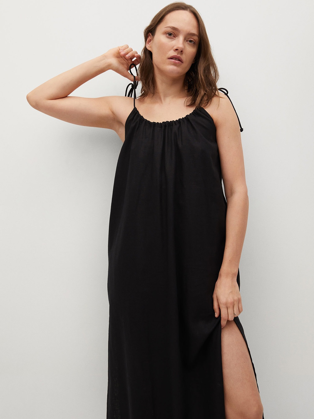 

MANGO Black Solid Linen Cotton A-Line Midi Sustainable Dress