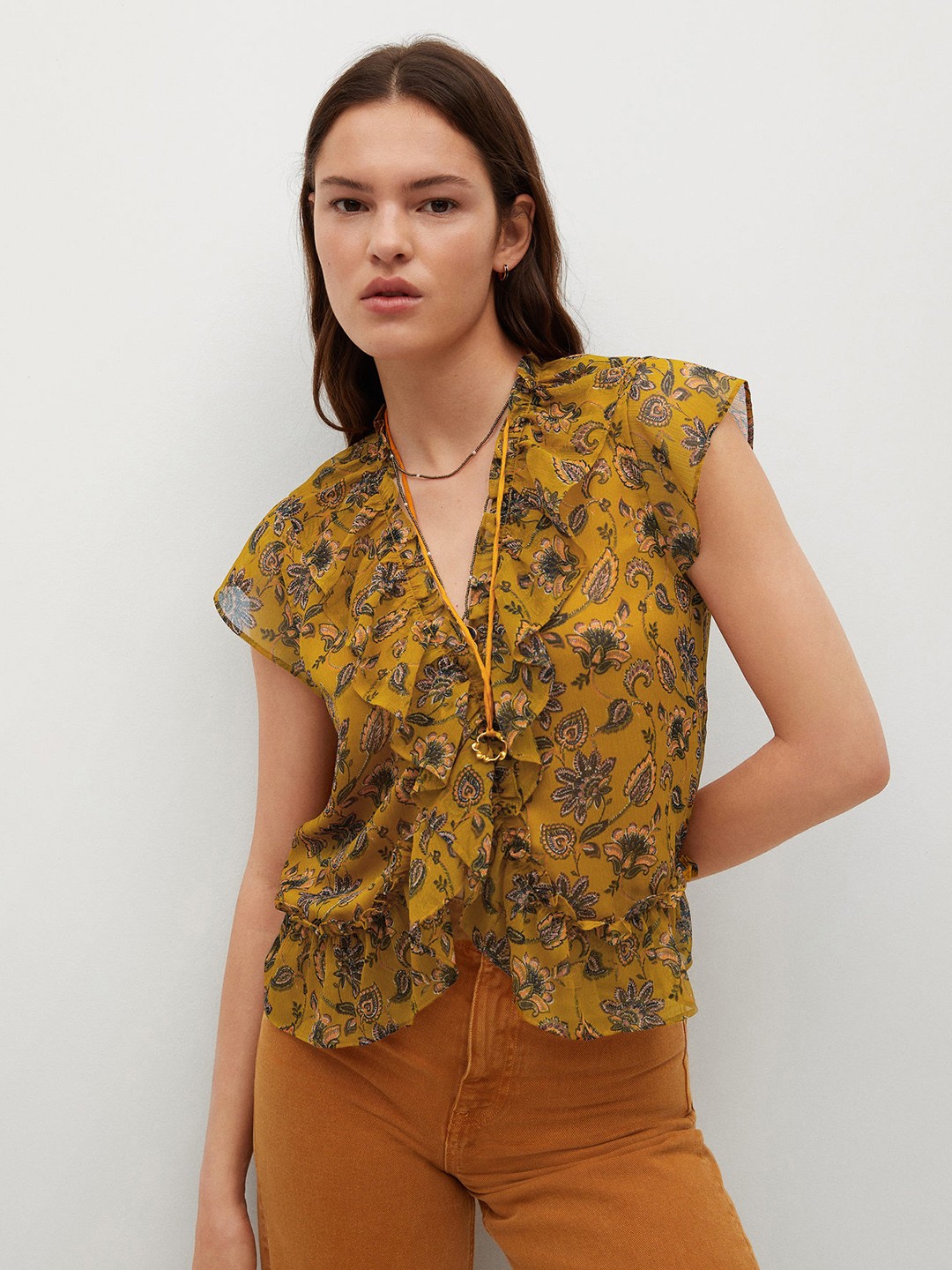 

MANGO Mustard Yellow & Green Floral Print Ruffles Regular Top