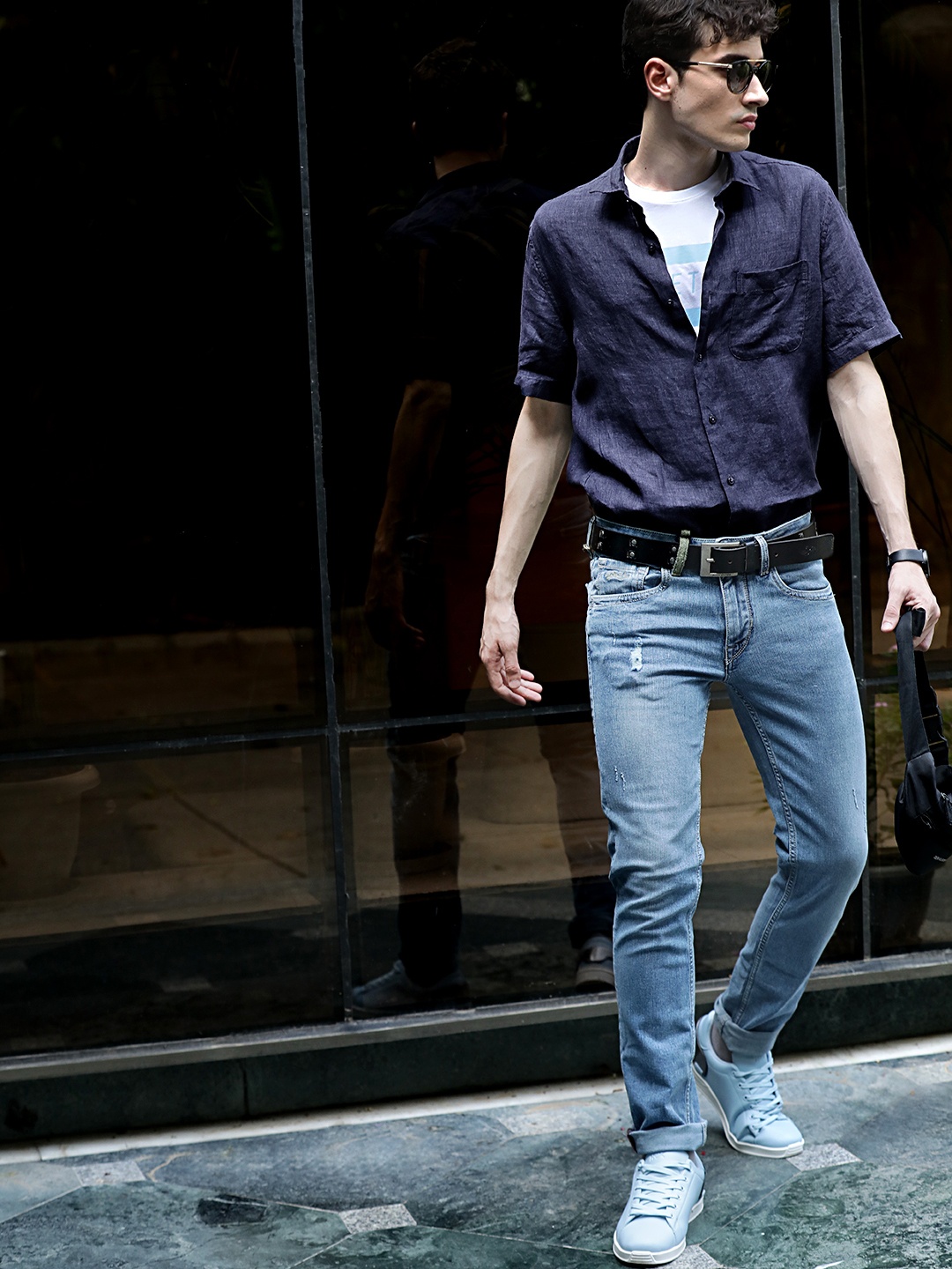 

MANGO MAN Men Navy Blue Solid Linen Sustainable Casual Shirt
