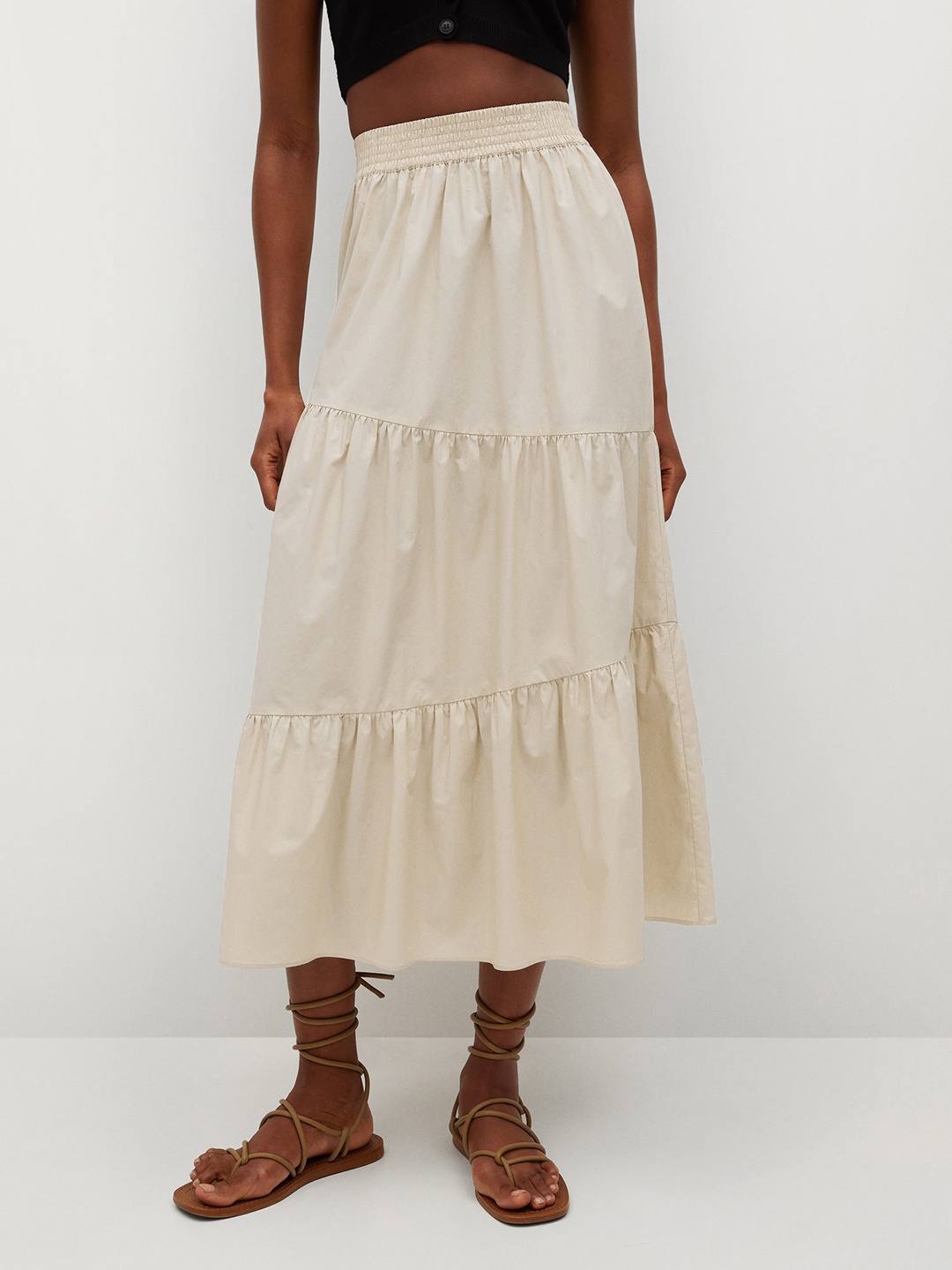 

MANGO Women Cream-Coloured Solid Pure Cotton Tiered Midi Skirt