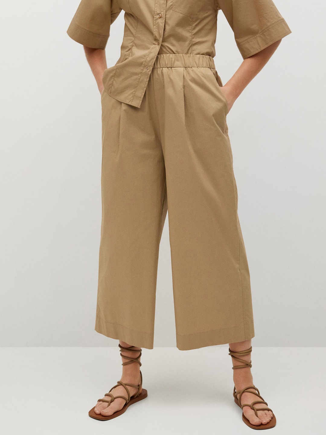 

MANGO Women Beige Pure Cotton Solid Pleated Parallel Trousers