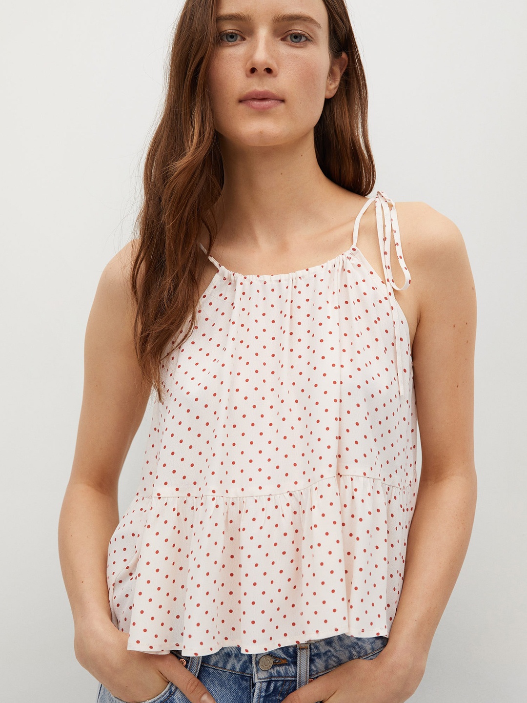 

MANGO Women Beige & Rust Orange Polka Dots A-Line Sustainable Top