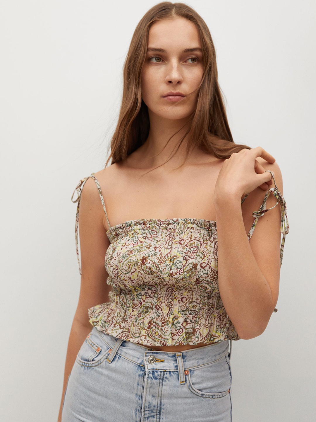 

MANGO Beige & Yellow Ethnic Print Fitted Crop Sustainable Top