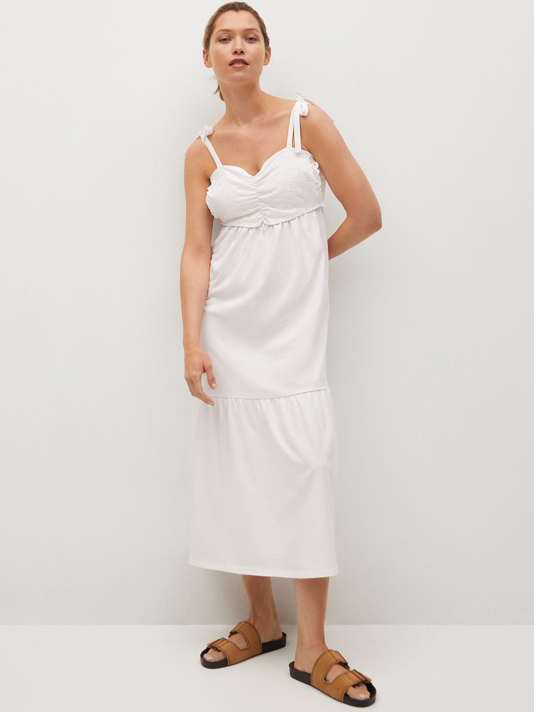 

MANGO White Solid Cotton Gathered Schiffli Smocked A-Line Midi Dress
