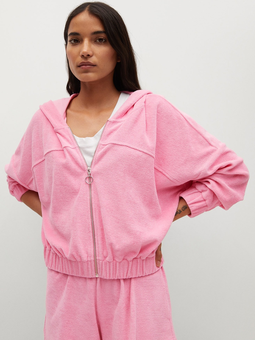 

MANGO Women Pink Solid Hooded Sweatshirt