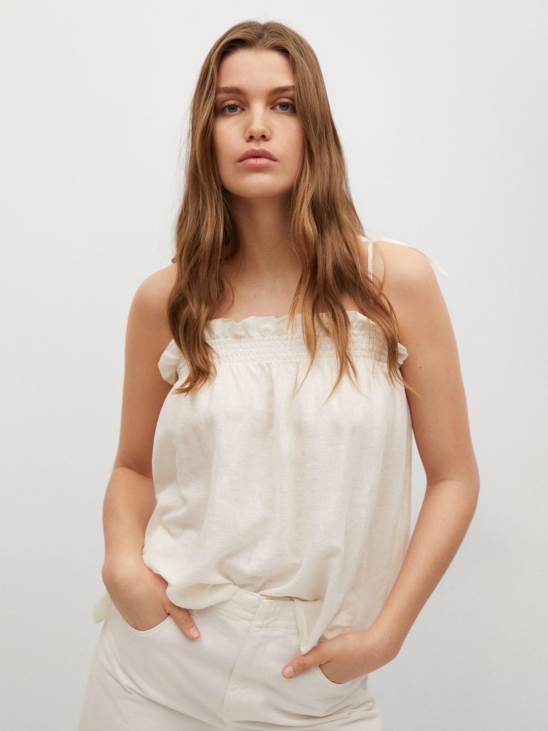 

MANGO White Solid Smocked Linen A-line Top