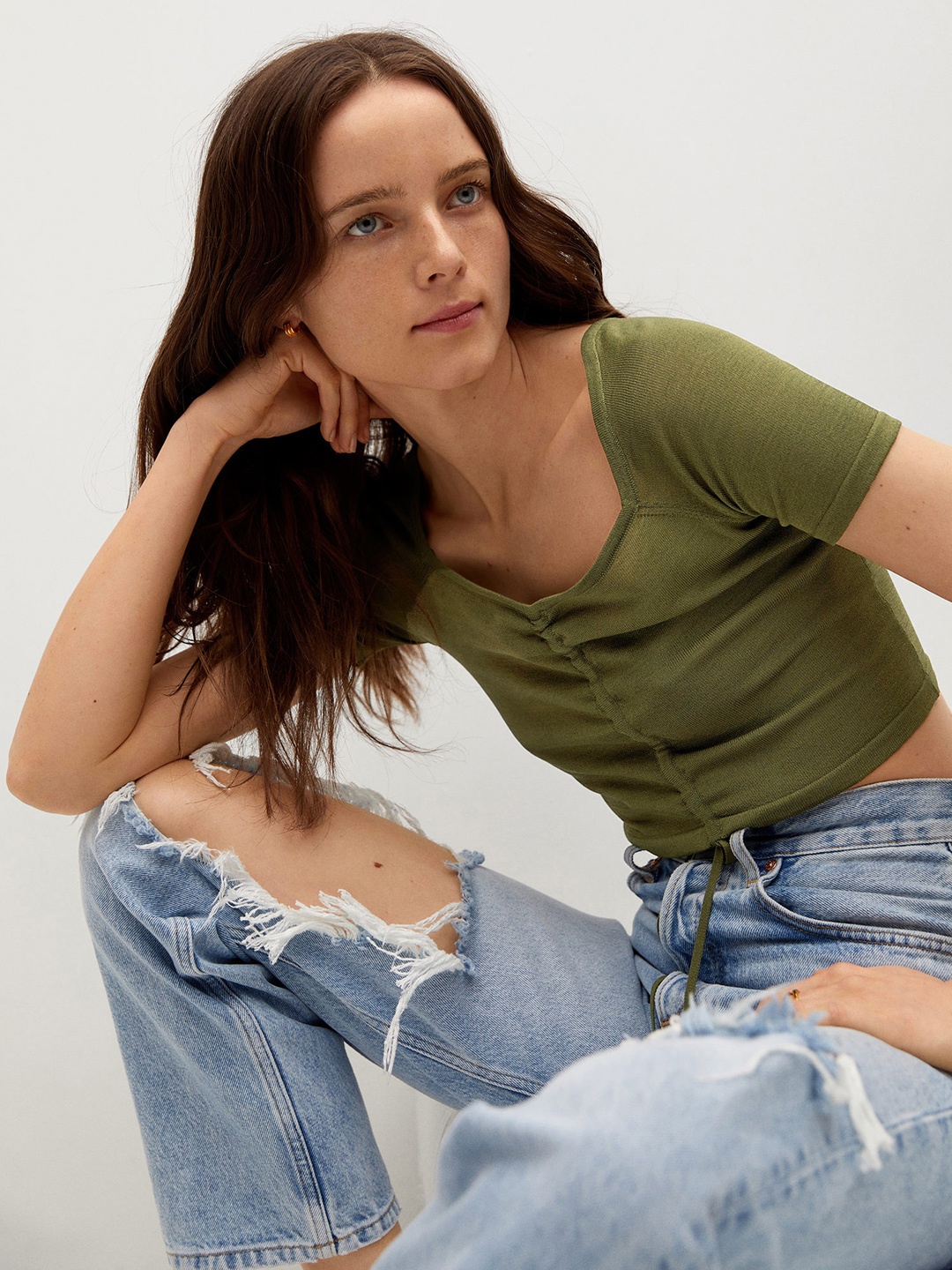 

MANGO Olive Green Solid Fitted Crop Top with Waist Tie-up