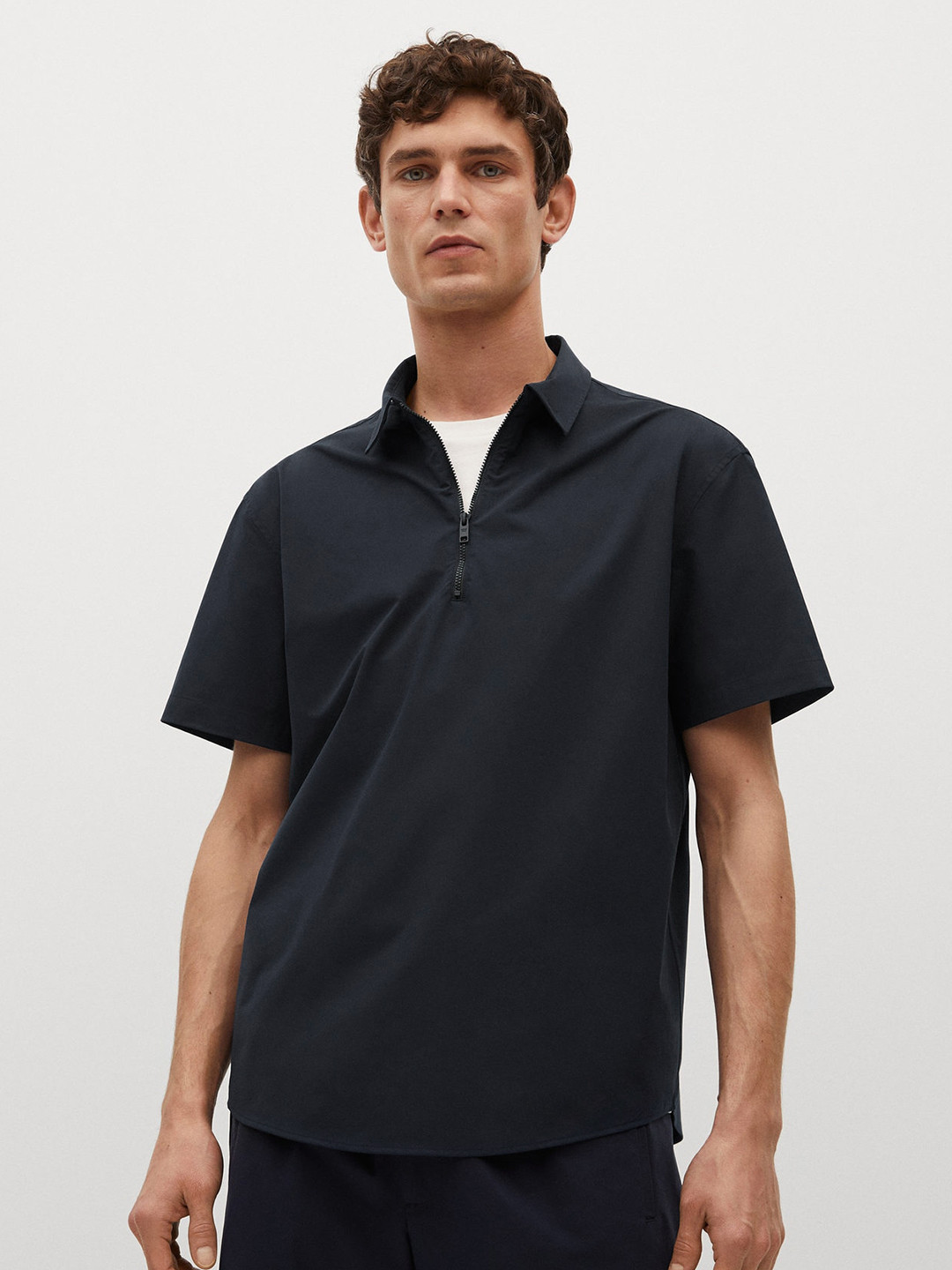 

MANGO MAN Men Navy Blue Solid Waterproof Polo Collar Shirt