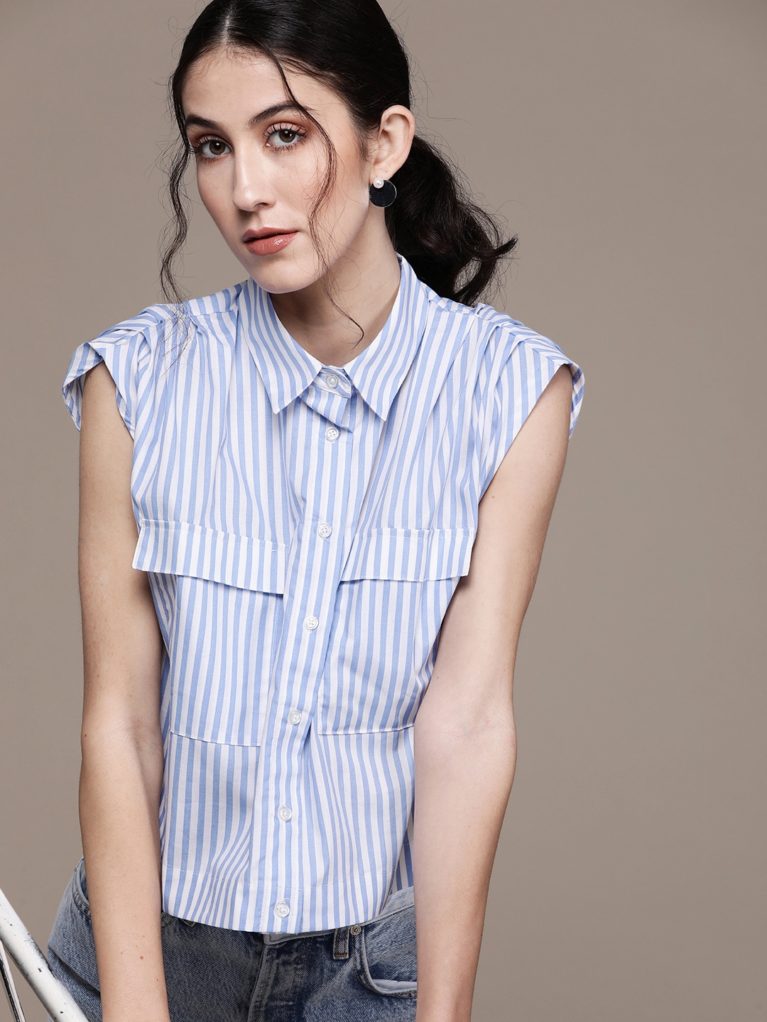 

MANGO Women Blue & White Sustainable Cotton Striped Casual Shirt