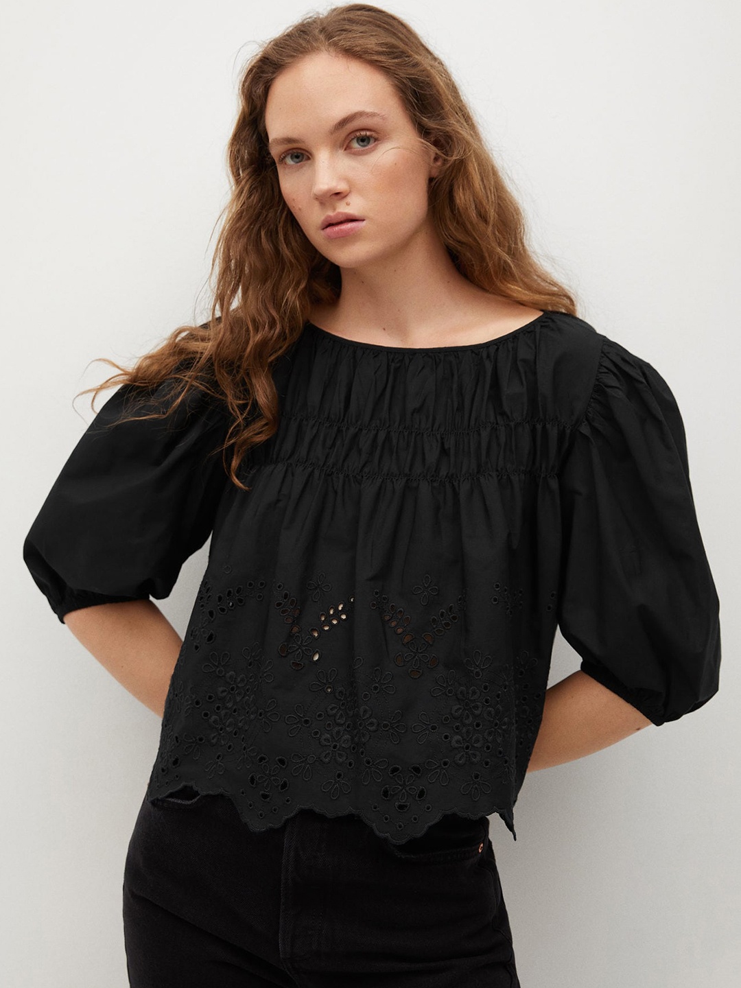 

MANGO Black Solid Pure Cotton Schiffli Embroidered Top