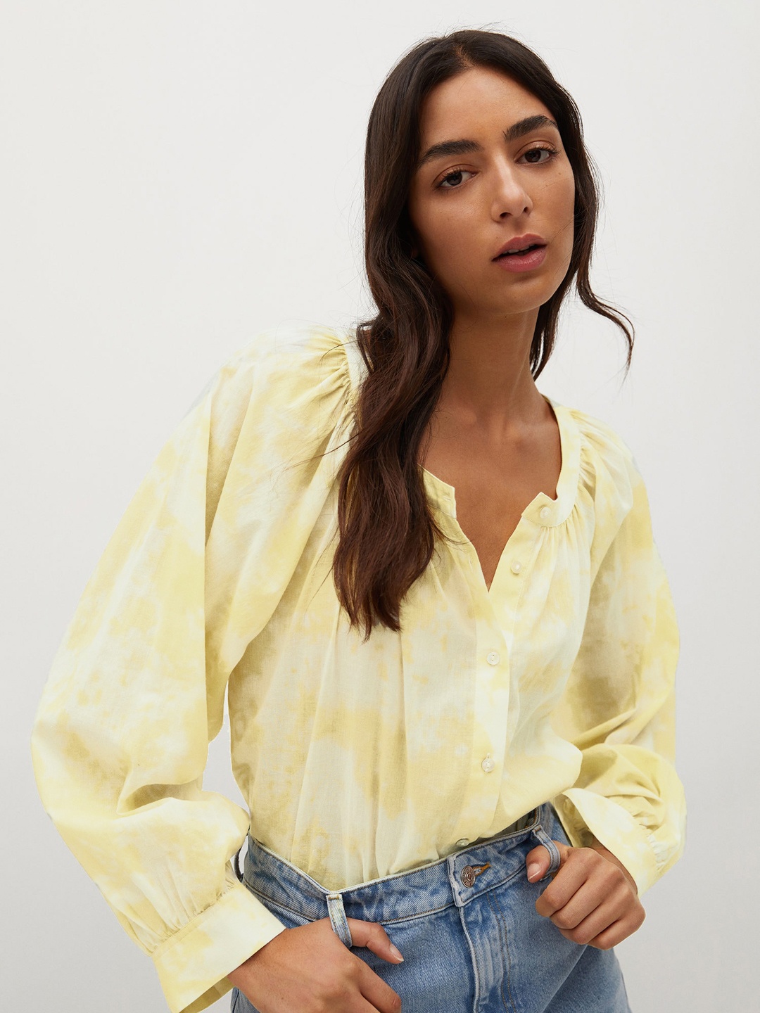 

MANGO Women Yellow & White Tie and Dye Pure Cotton Top