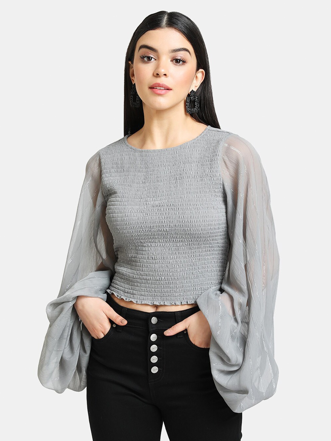 

Kazo Women Grey Smoking Fitted Bishop Sleeve Crop Top