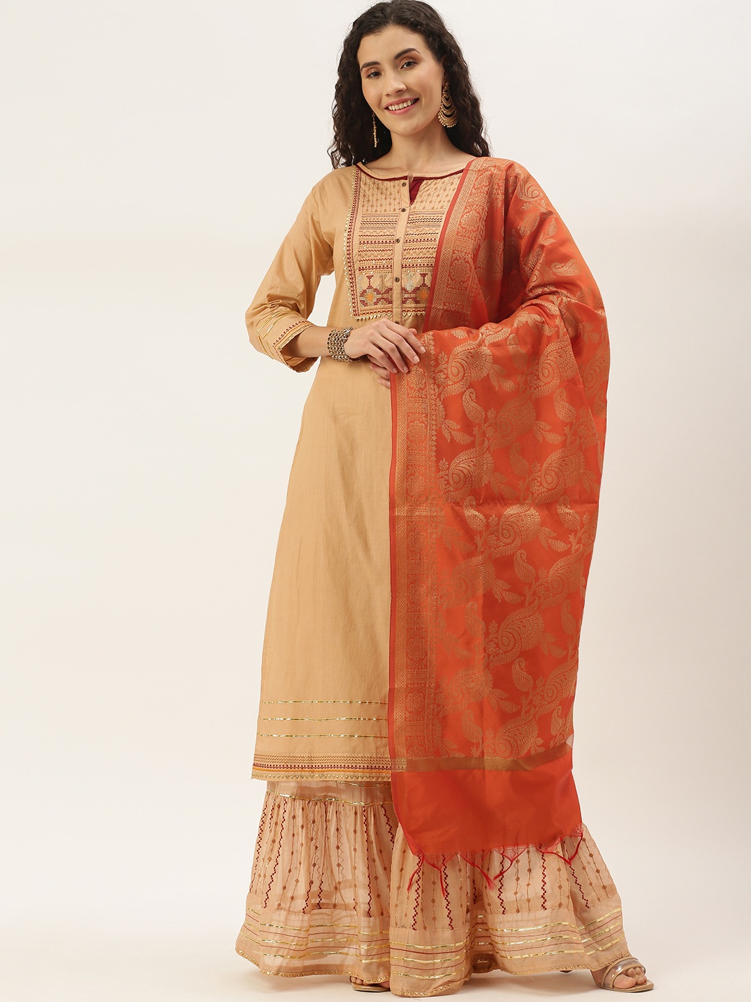 

swatika Orange & Golden Woven Design Banarasi Dupatta with Zari Detail