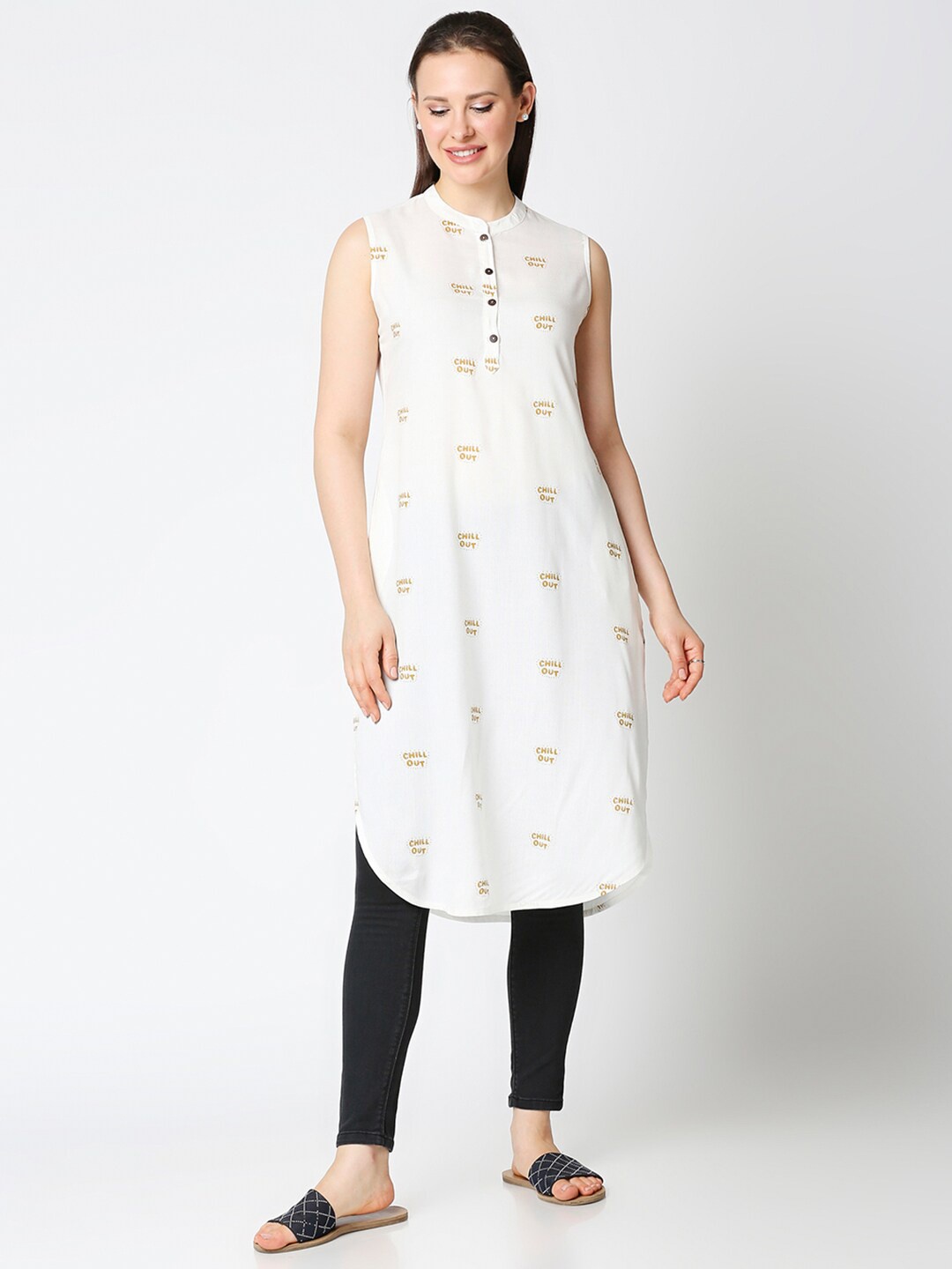 

Bewakoof Women White & Mustard Yellow Typography Printed Pure Cotton A-Line Kurta