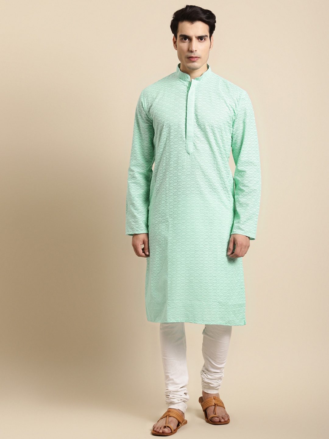 

RAJUBHAI HARGOVINDAS Men Sea Green Chikankari Kurta
