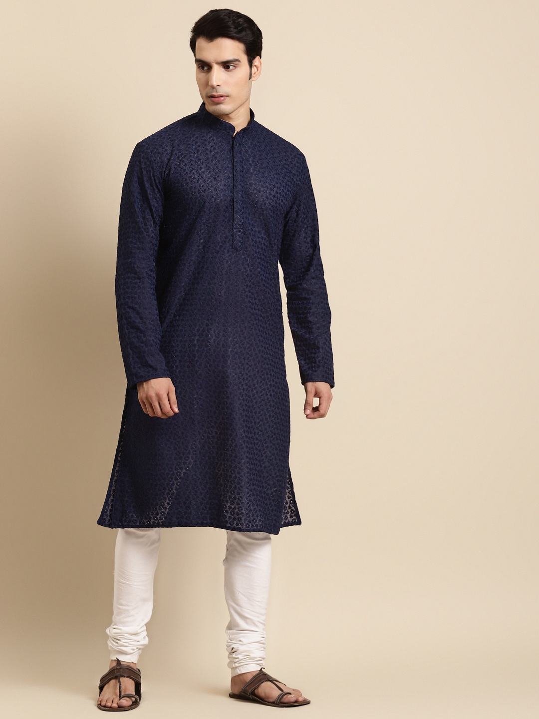 

RAJUBHAI HARGOVINDAS Men Navy Blue Chikankari Kurta