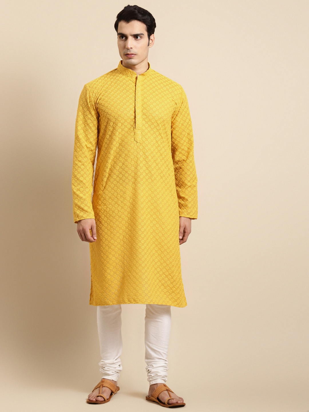 

RAJUBHAI HARGOVINDAS Men Yellow Chikankari Kurta
