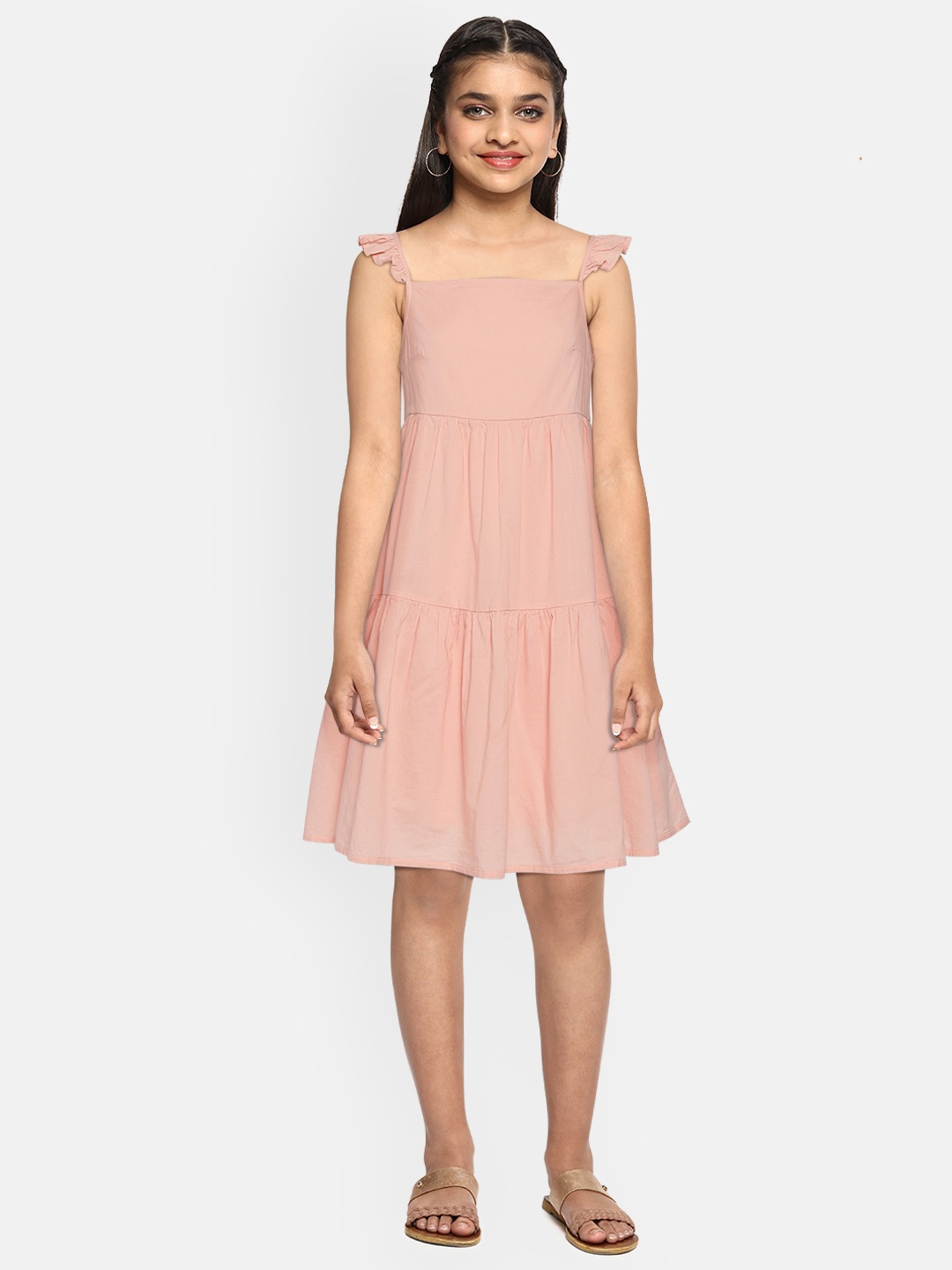 

Marks & Spencer Girls Peach-Coloured Solid Cotton Sustainable Tiered Dress