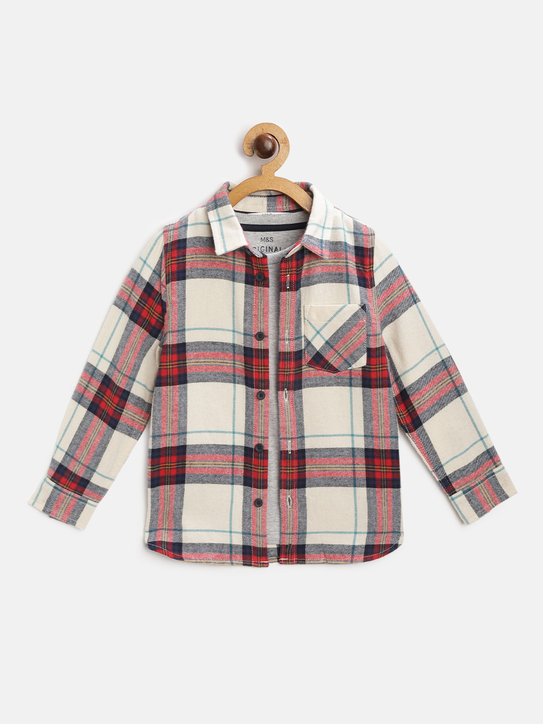 

Marks & Spencer Boys Red & Grey Melange Checked Pure Cotton Casual Shirt with T-shirt