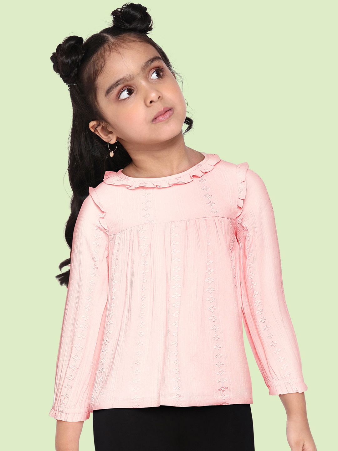 

Marks & Spencer Girls Pink Crinkled Ruffles Woven Design Regular Top