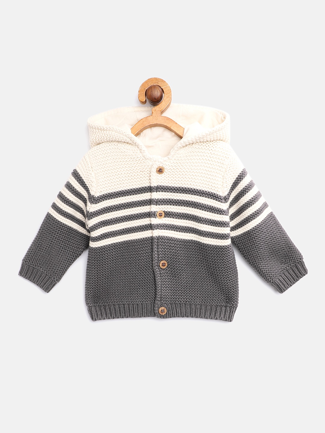 

Marks & Spencer Kids Charcoal Grey & Off White Pure Cotton Self Striped Hooded Cardigan