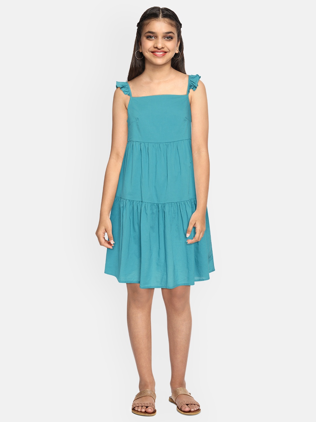 

Marks & Spencer Girls Teal Green Solid Cotton Tiered Dress