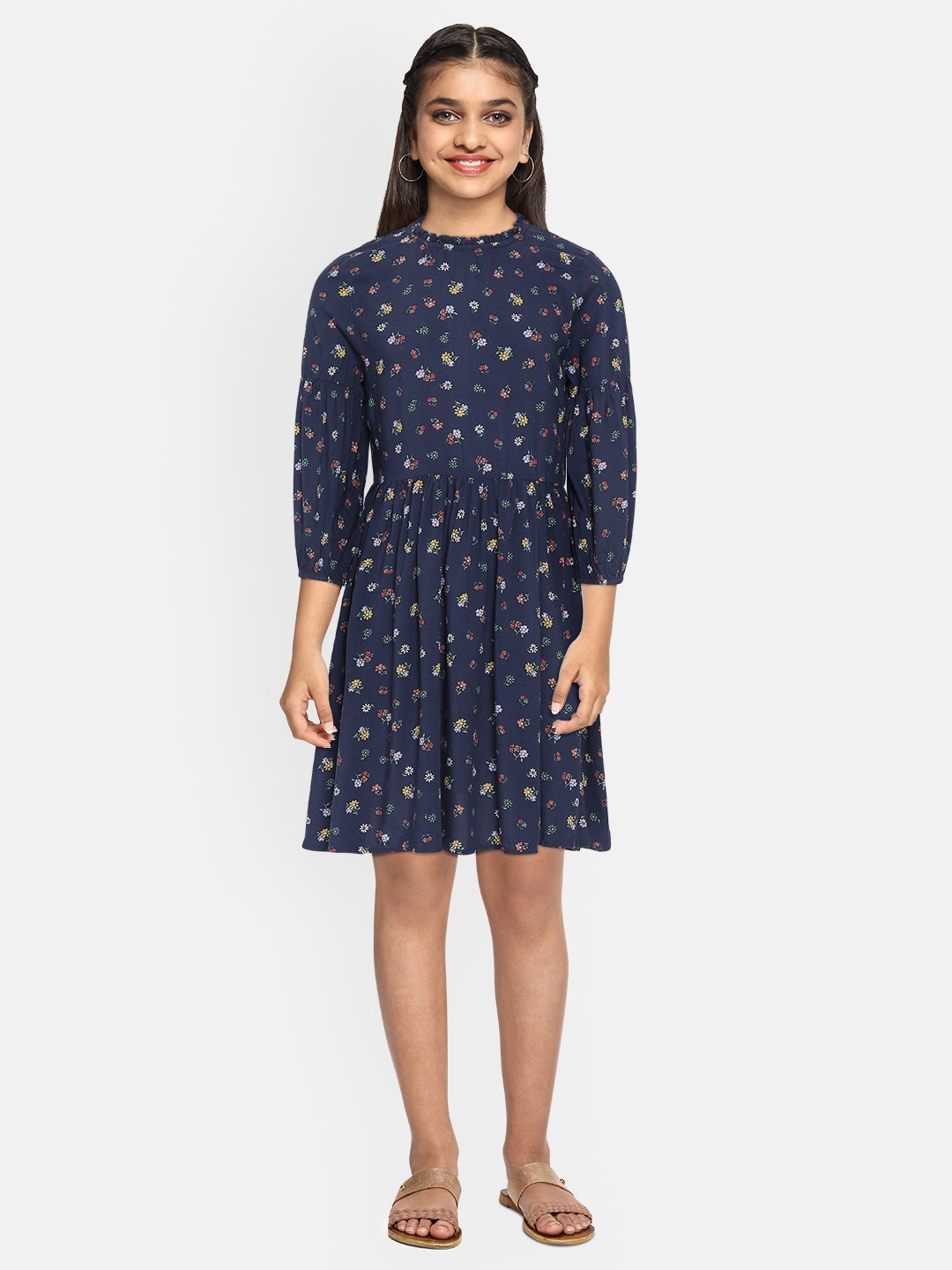 

Marks & Spencer Girls Navy Blue & Yellow Floral Printed Sustainable Fit & Flare Dress