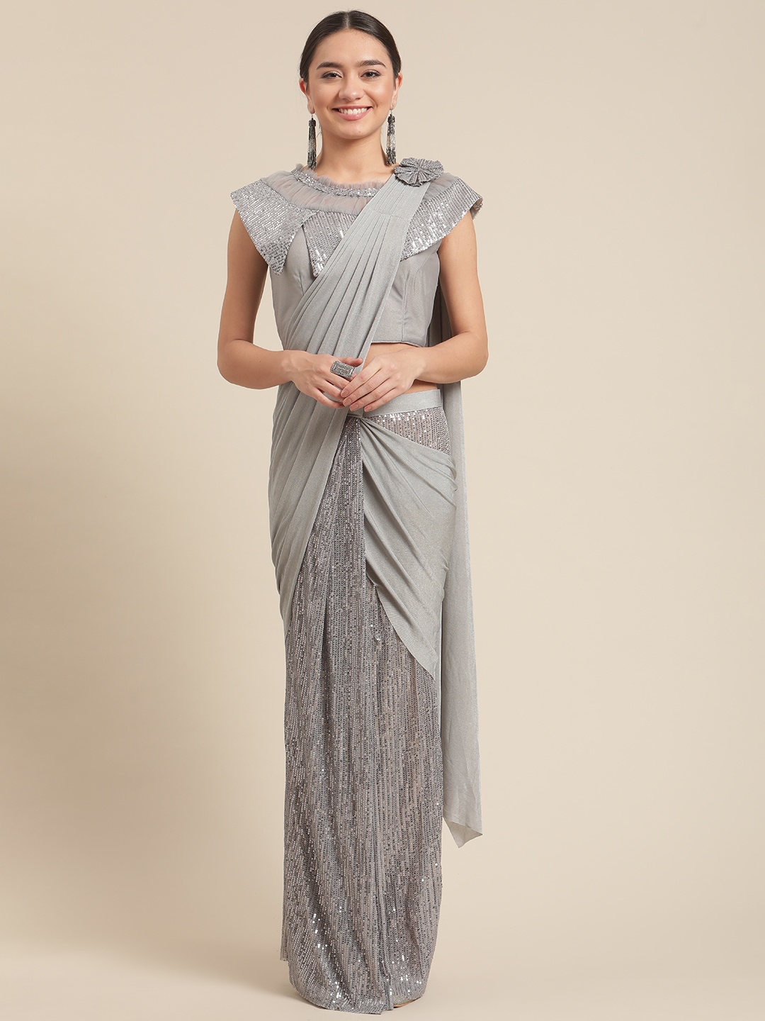 

Grancy Grey Embellished Ready to Wear Saree