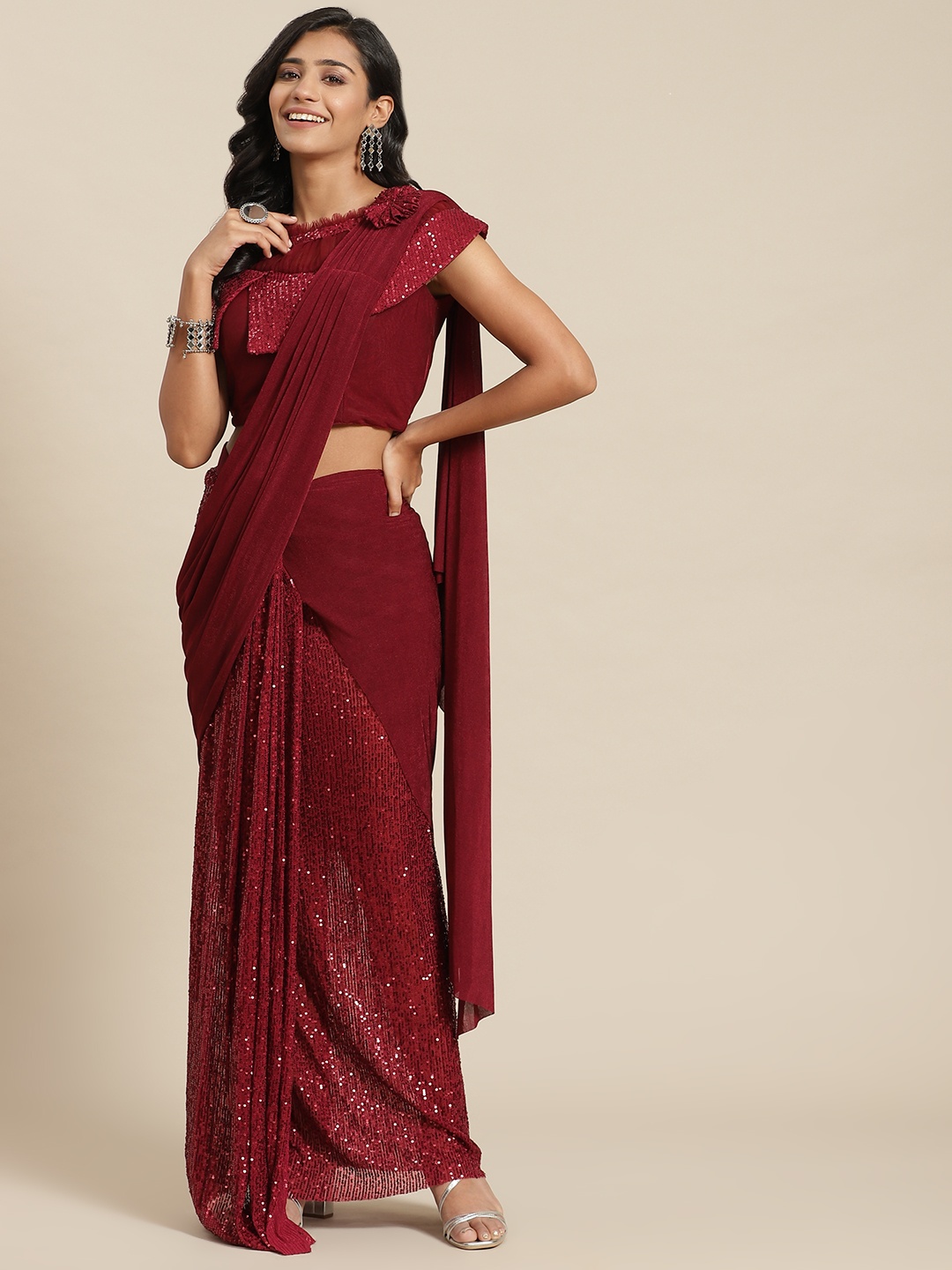

Grancy Maroon Embellished Sequinned Ready to Wear Saree