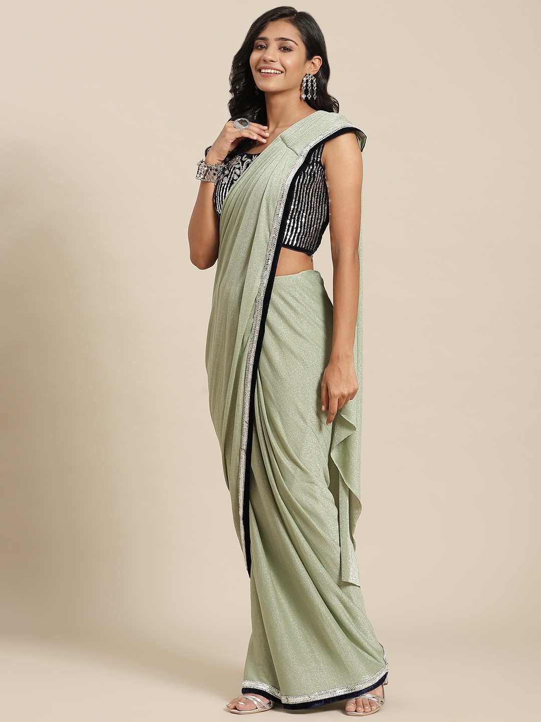 

Grancy Green Beads and Stones Poly Georgette Ready To Wear Saree