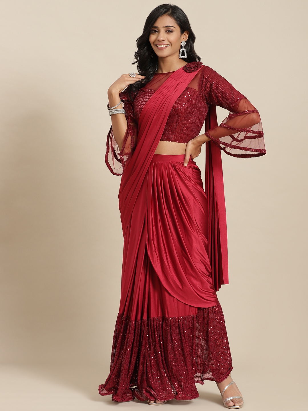 

Grancy Maroon Sequinned Ready to Wear Poly Georgette Saree