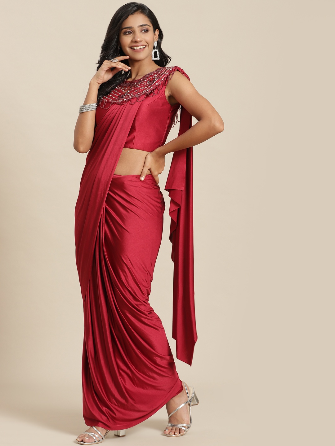

Grancy Red Ready to Wear Poly Georgette Saree