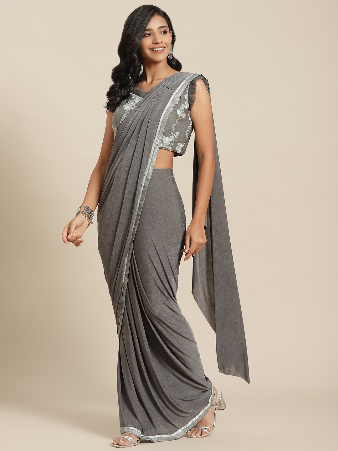 

Grancy Grey Ready to Wear Poly Georgette Saree