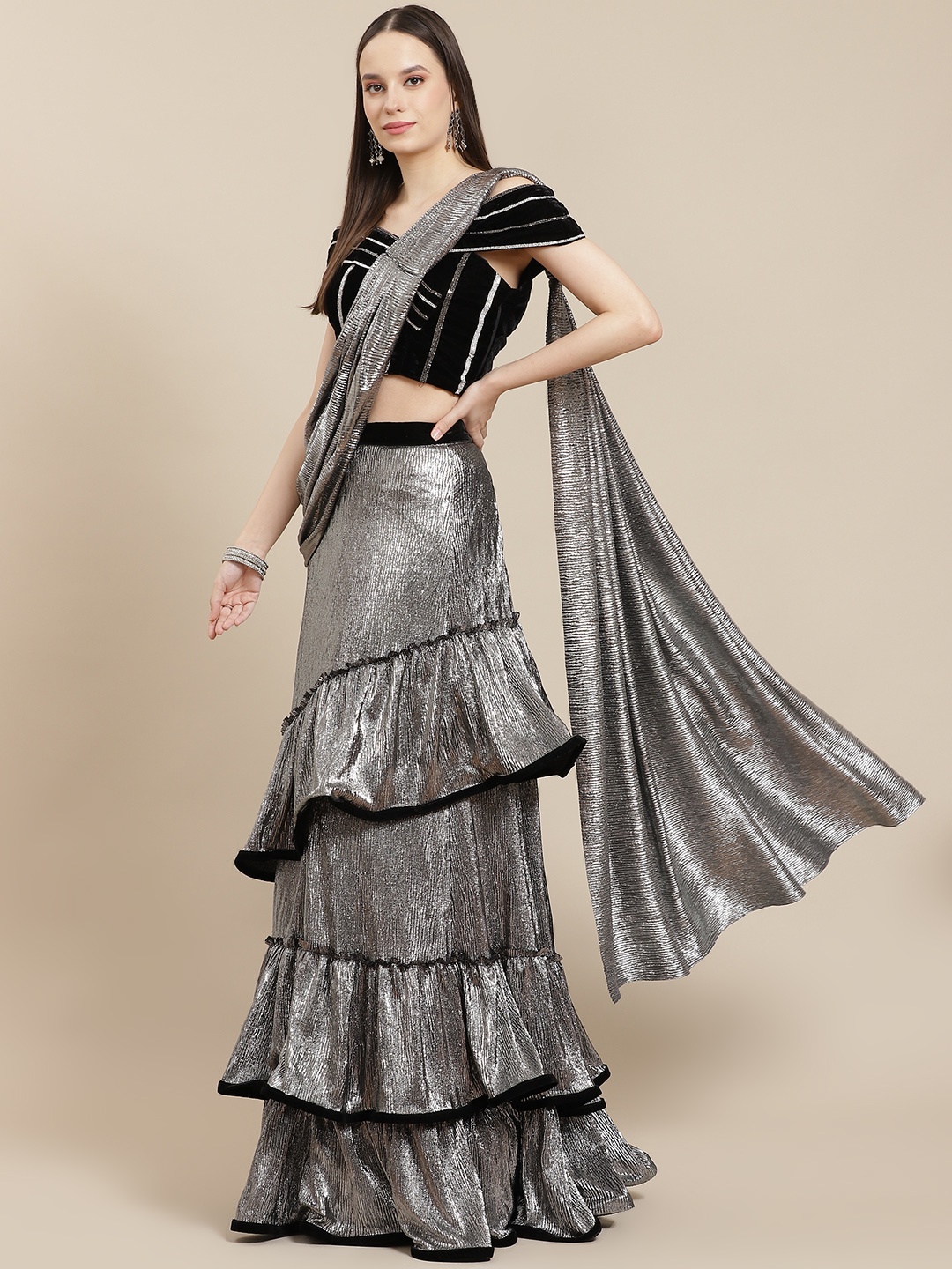 

Grancy Black & Silver-Toned Embroidered Ready to Wear Saree