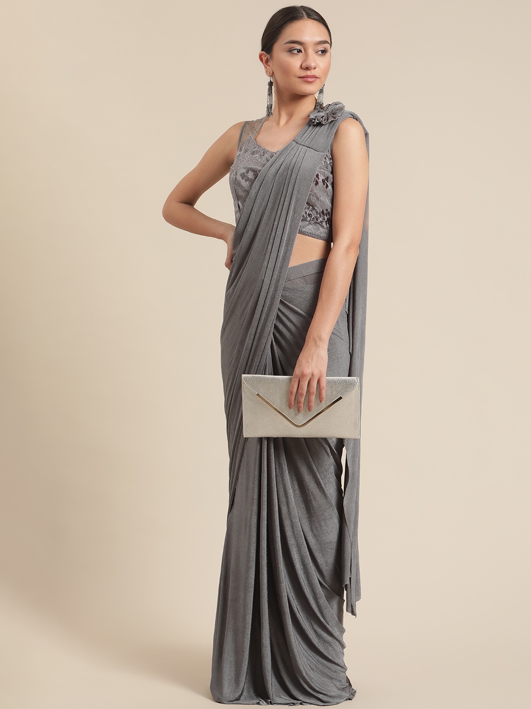 

Grancy Grey Embroidered Ready to Wear Saree
