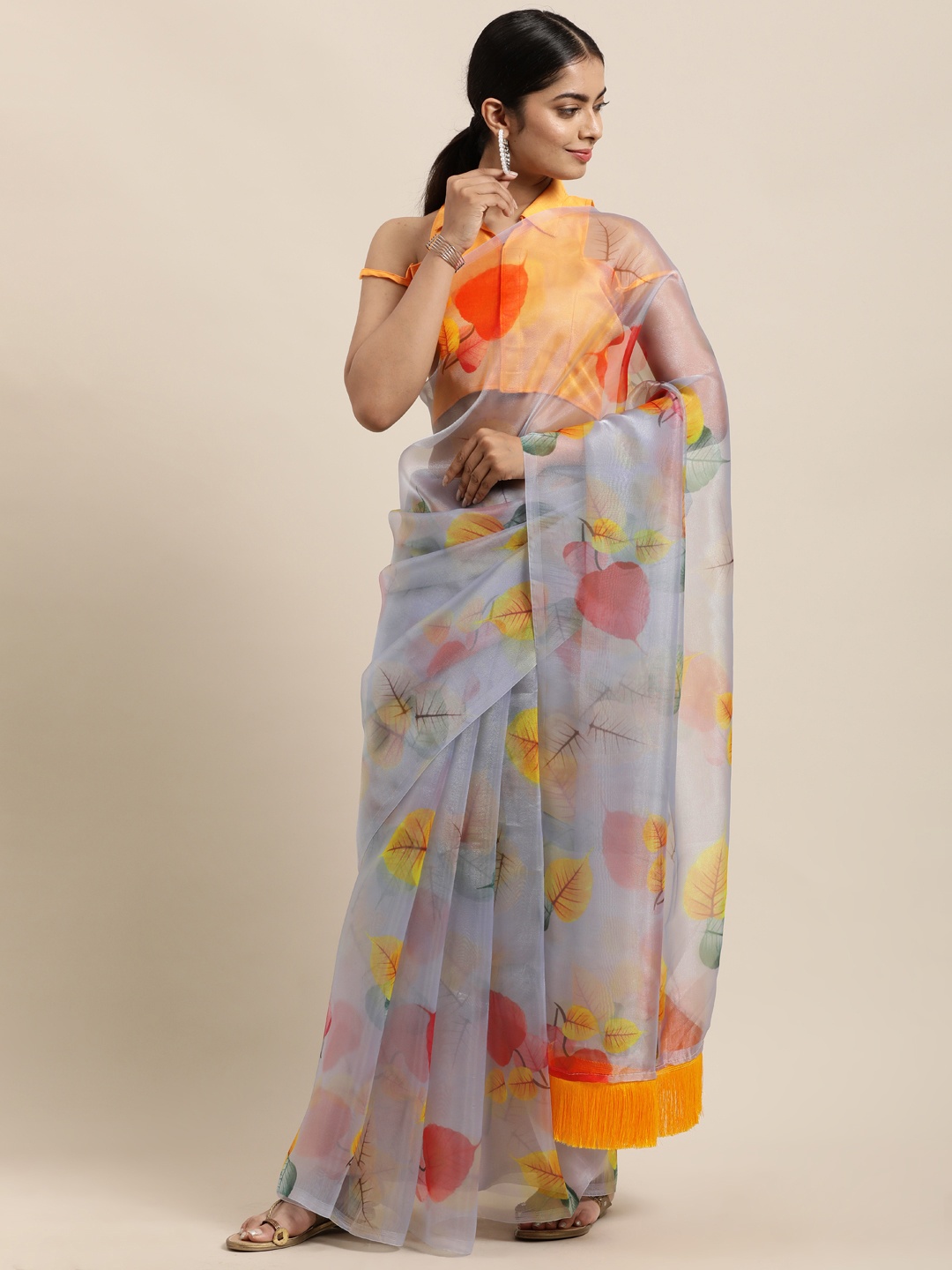 

Mitera Grey & Orange Floral Organza Saree