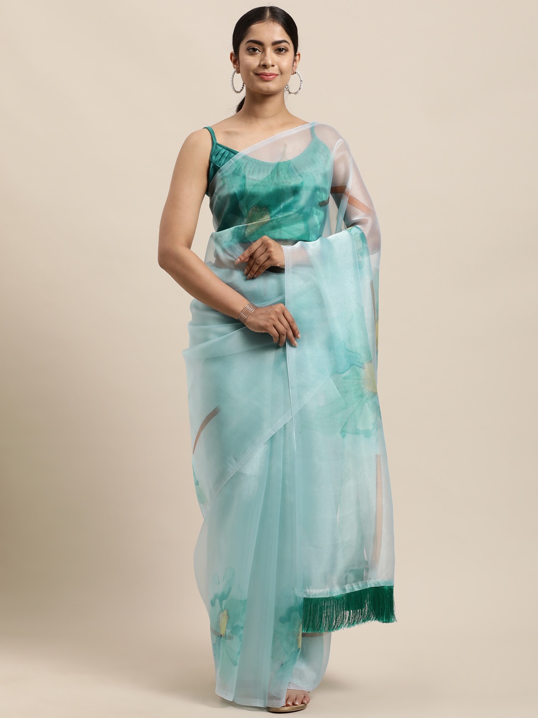 

Mitera Blue & Green Floral Organza Saree