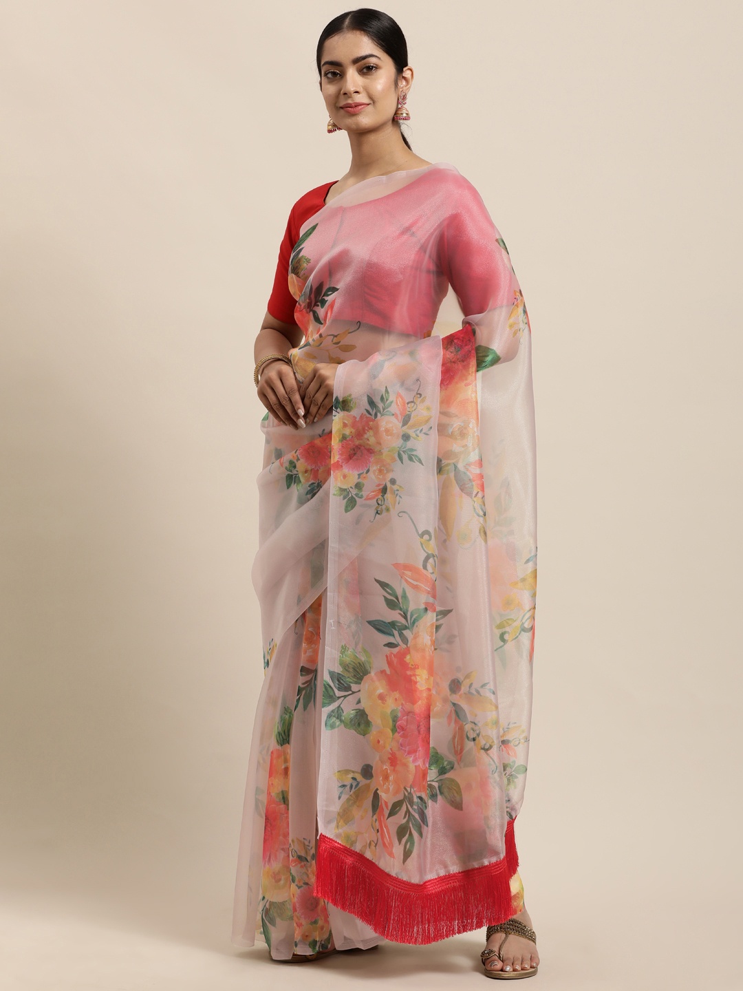 

Mitera Beige & Orange Floral Organza Saree