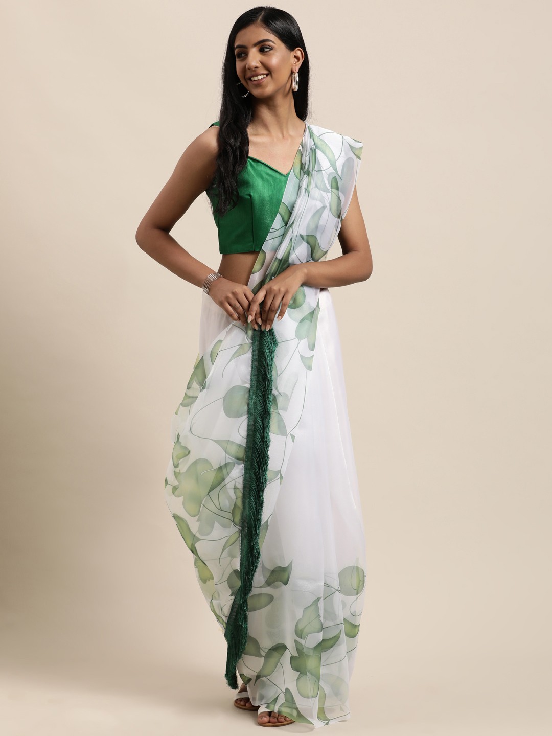 

Mitera Green & White Floral Organza Saree