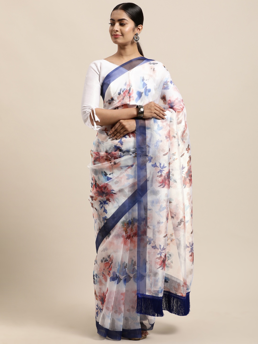 

Mitera Multicoloured Floral Organza Saree, Multi