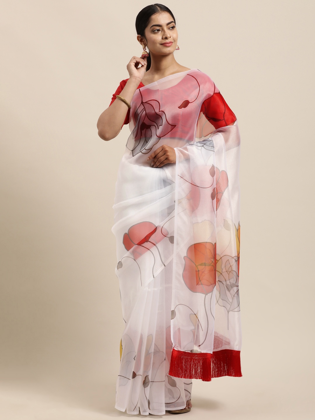 

Mitera Cream-Coloured & Red Floral Organza Saree